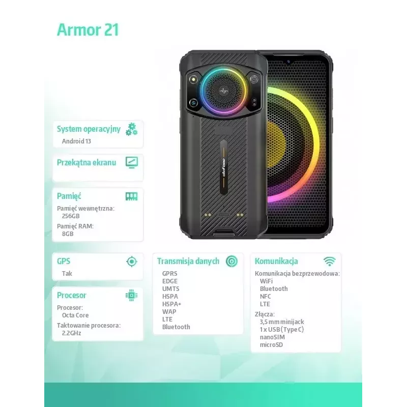 Išmanusis telefonas UleFone Armor 21 — 6,58 colio ekranas, 8 GB RAM, 256 GB atmintinė, juoda