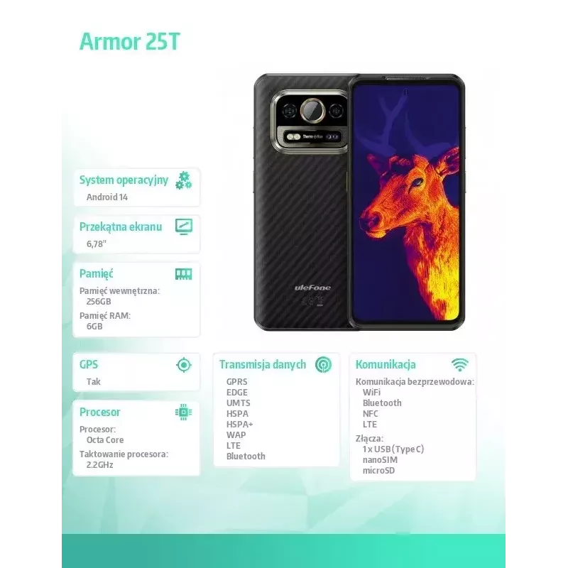 Išmanusis telefonas UleFone Armor 25T 6,0 colio 6/256GB Frost Juoda, energijos klasė B