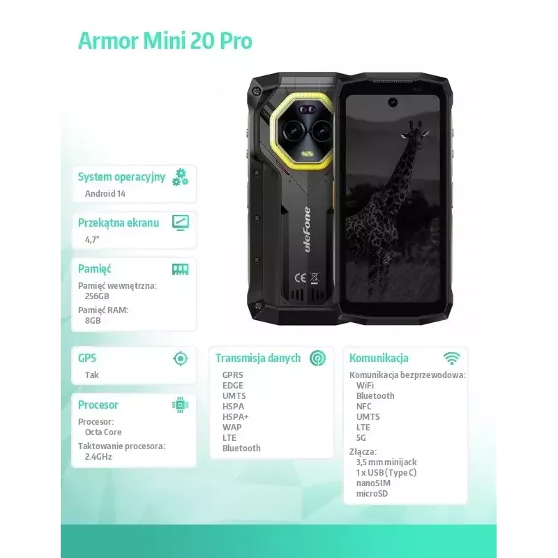Išmanusis telefonas UleFone Armor Mini 20 Pro 4G 6.1 col. 8/256 GB juodos spalvos, energijos klasė B