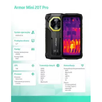 Išmanusis telefonas UleFone Armor Mini 20T Pro 5G, 4,7 col. ekranas, 8 GB RAM, 256 GB atmintinė, juoda