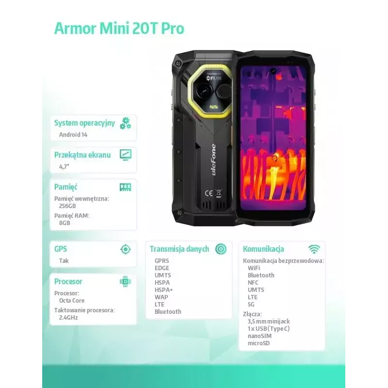 Išmanusis telefonas UleFone Armor Mini 20T Pro 5G, 4,7 col. ekranas, 8 GB RAM, 256 GB atmintinė, juoda