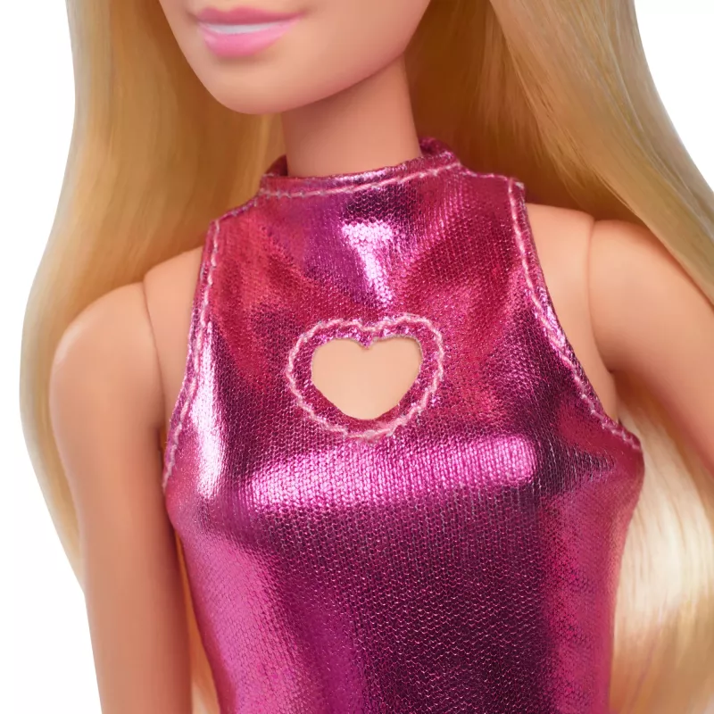 Barbie Fashionistas lėlė #230 su metalo rožine mini suknele su širdelės išpjova, blondinai plaukai