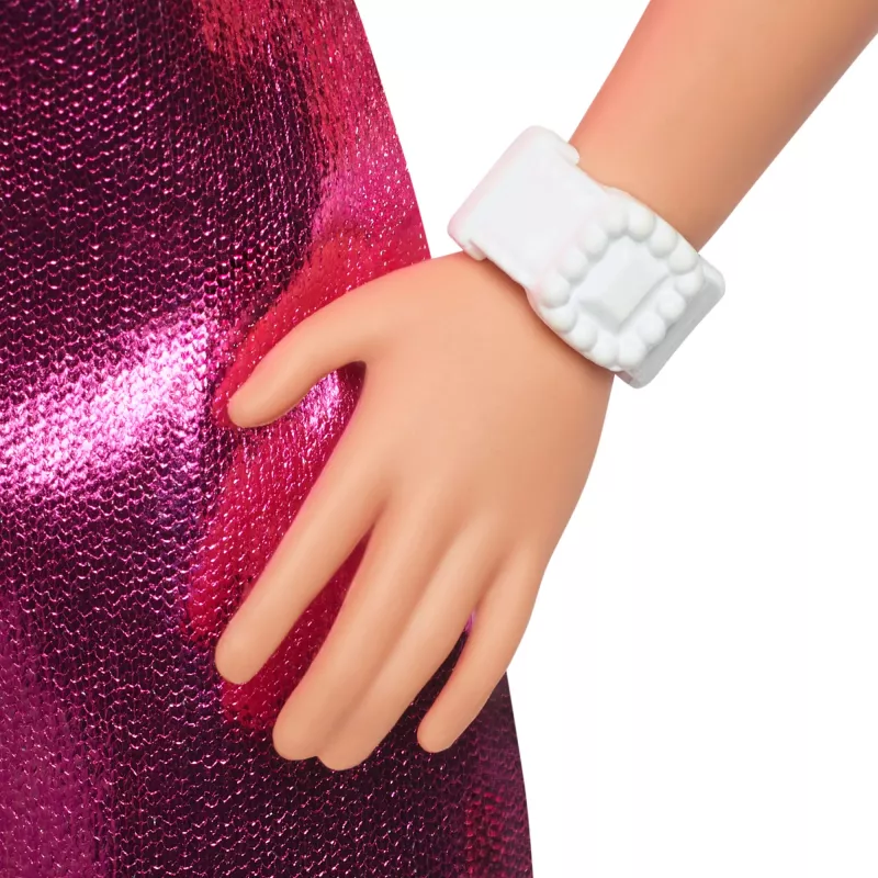 Barbie Fashionistas lėlė #230 su metalo rožine mini suknele su širdelės išpjova, blondinai plaukai