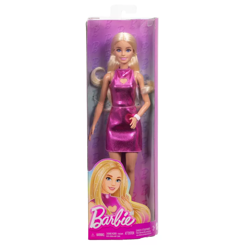 Barbie Fashionistas lėlė #230 su metalo rožine mini suknele su širdelės išpjova, blondinai plaukai