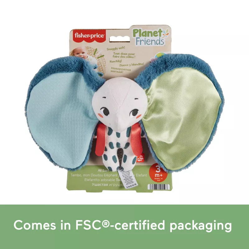 Minkštas žaislas MATTEL Fisher-Price Planet Friends Giant Ear Elephant HKD63, pliušinis dramblio kompanjonas