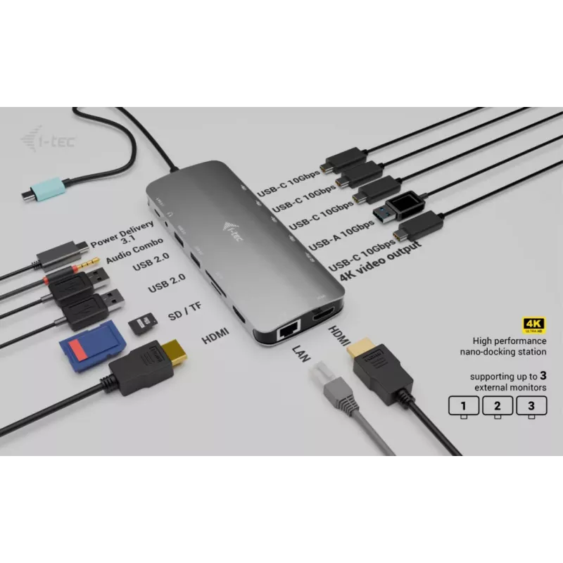 i-tec Metal USB-C Nano 3x Display Dock, 2x HDMI 1x USB-C vaizdo su Power Delivery 140W + Universalus įkroviklis 140 W