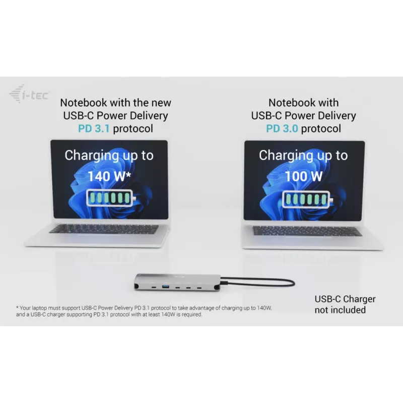 i-tec Metal USB-C Nano 3x Display Dock, 2x HDMI 1x USB-C vaizdo su Power Delivery 140W + Universalus įkroviklis 140 W