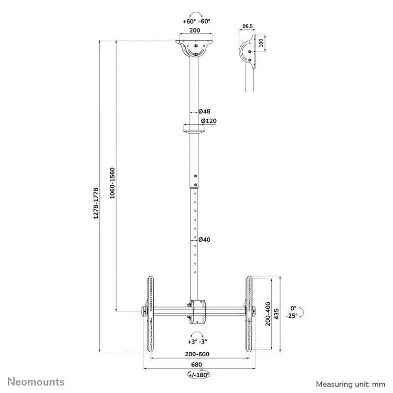 Neomounts CL35-440BL16L monitoriaus/TV lubinis laikiklis 37-70 col. - a 106-156 cm