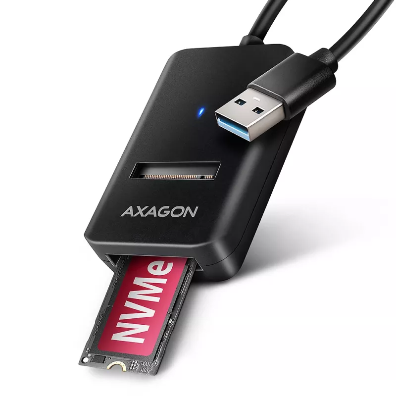 SSD dėklas AXAGON ADM2-AM USB-A 10 Gbps vienam M.2 NVMe/SATA diskui, USB 3.2 Gen 2, 10 cm laidas, juodas