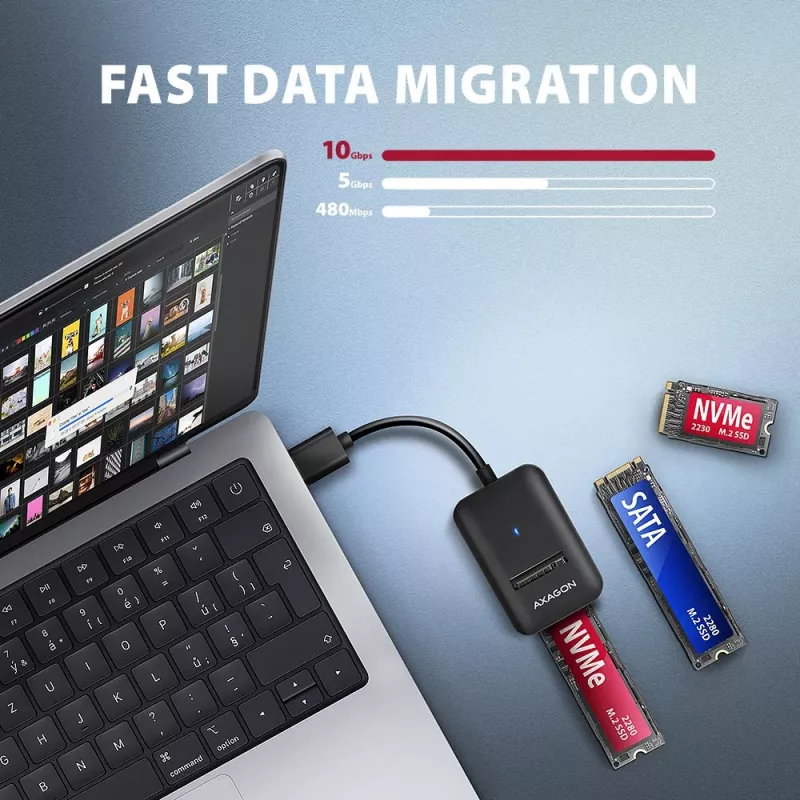 SSD dėklas AXAGON ADM2-AM USB-A 10 Gbps vienam M.2 NVMe/SATA diskui, USB 3.2 Gen 2, 10 cm laidas, juodas