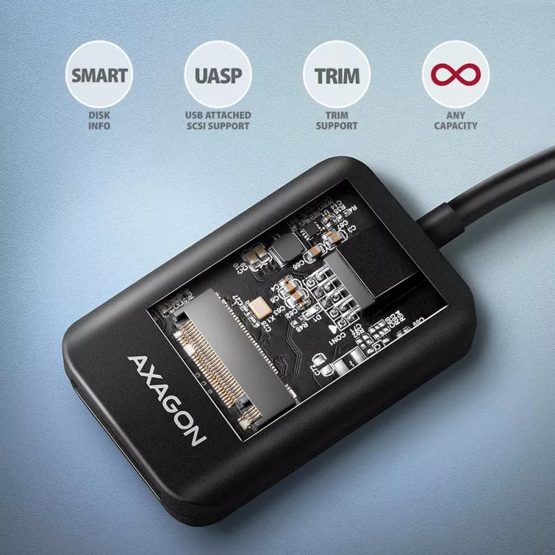 SSD dėklas AXAGON ADM2-AM USB-A 10 Gbps vienam M.2 NVMe/SATA diskui, USB 3.2 Gen 2, 10 cm laidas, juodas