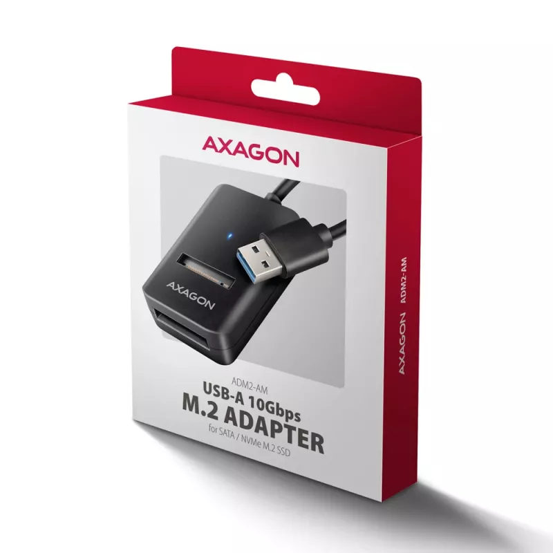 SSD dėklas AXAGON ADM2-AM USB-A 10 Gbps vienam M.2 NVMe/SATA diskui, USB 3.2 Gen 2, 10 cm laidas, juodas