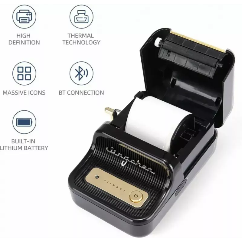 Etikečių spausdintuvas NIIMBOT B21S Juodas — kompaktiškas Bluetooth ritininis spausdintuvas, 50 mm spausdinimo plotis, 60 mm/s, Li-Ion 1200 mAh