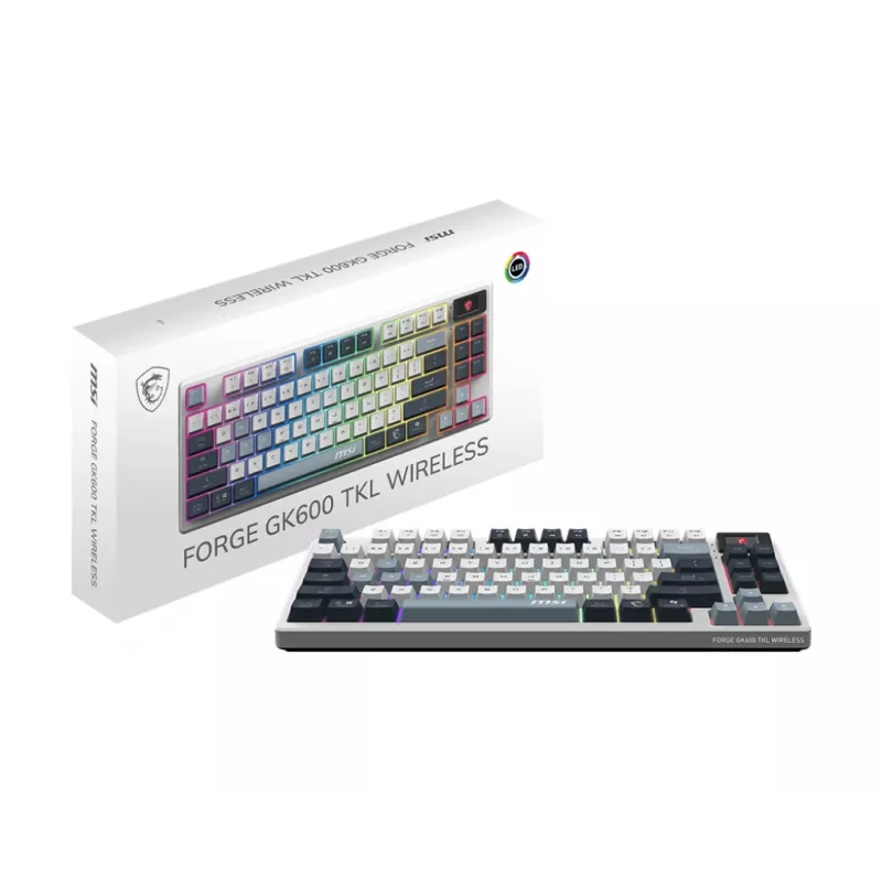 Mechaninė be numerių klaviatūra, žaidimams MSI FORGE GK600 TKL Wireless USB + Bluetooth QWERTY UK English RGB mėlyna/balta