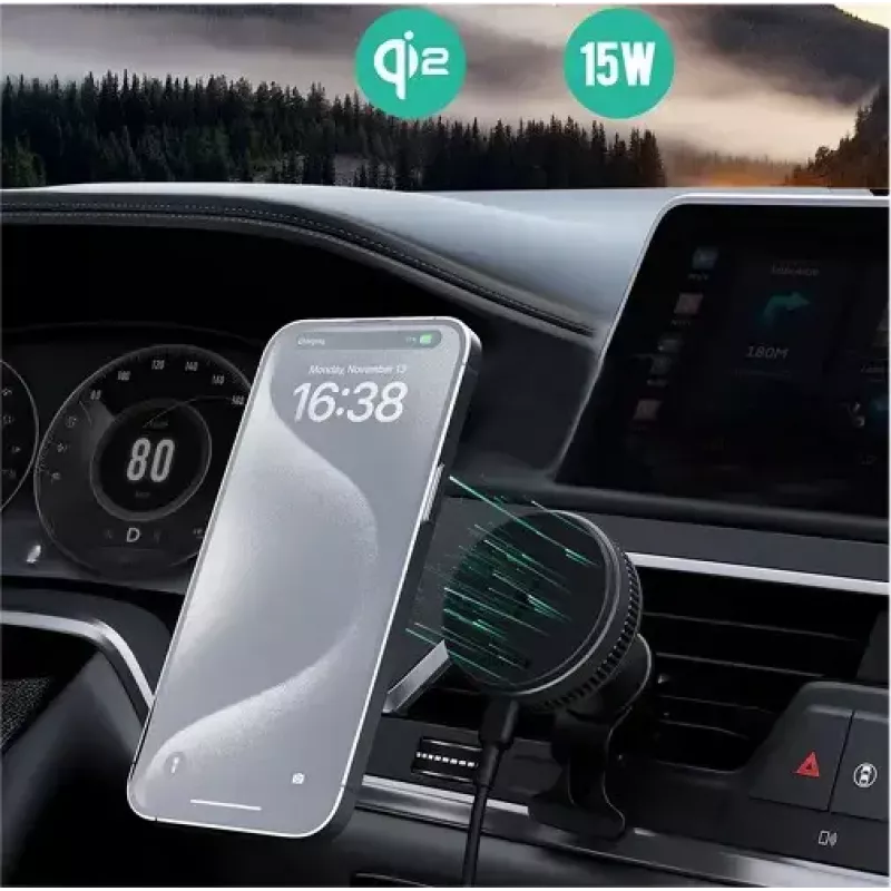 Aukey belaidis įkrovimo laikiklis HD-MC13A „MagSafe“ suderinamas ventiliacijos angų automobilio laikiklis, skirtas „iPhone“, 15 W belaidis įkrovimas