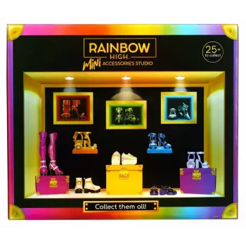 Demonstracinė pakuotė Mga Accessories Rainbow High bateliai, 27 vnt. — įvairūs lėlių batų aksesuarai