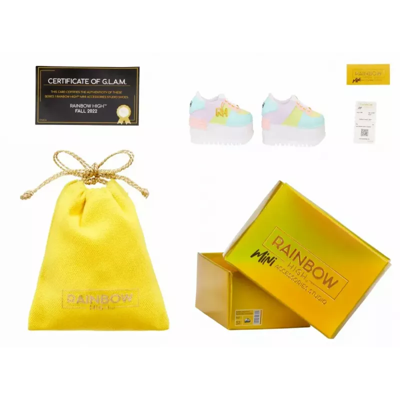 Demonstracinė pakuotė Mga Accessories Rainbow High bateliai, 27 vnt. — įvairūs lėlių batų aksesuarai