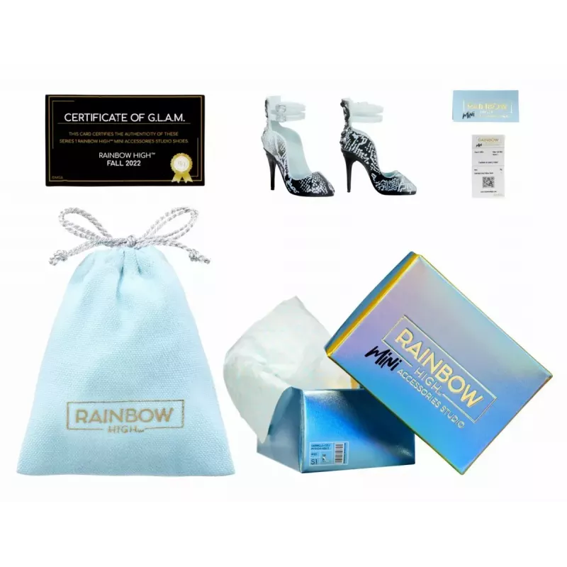 Demonstracinė pakuotė Mga Accessories Rainbow High bateliai, 27 vnt. — įvairūs lėlių batų aksesuarai