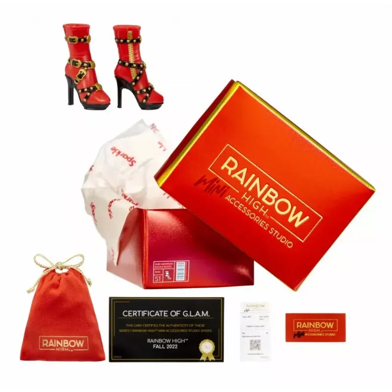 Demonstracinė pakuotė Mga Accessories Rainbow High bateliai, 27 vnt. — įvairūs lėlių batų aksesuarai