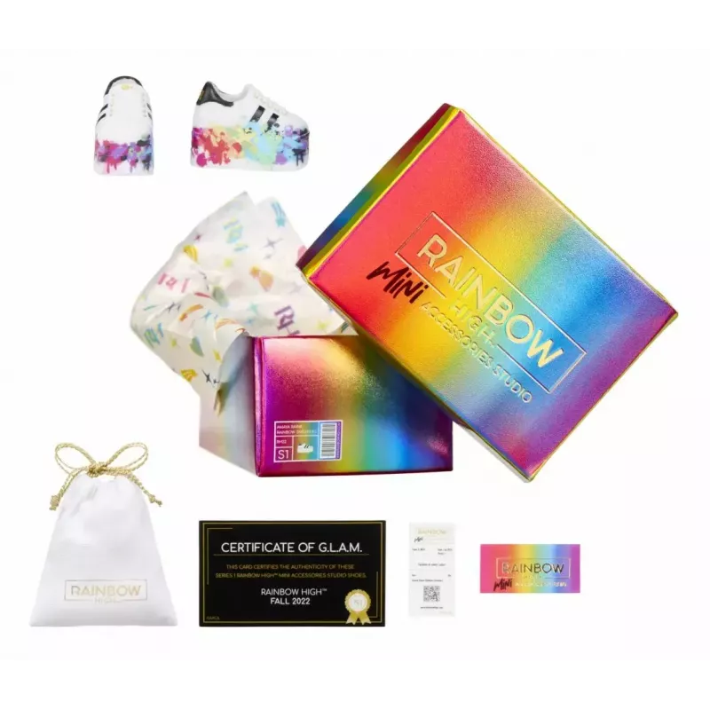 Demonstracinė pakuotė Mga Accessories Rainbow High bateliai, 27 vnt. — įvairūs lėlių batų aksesuarai