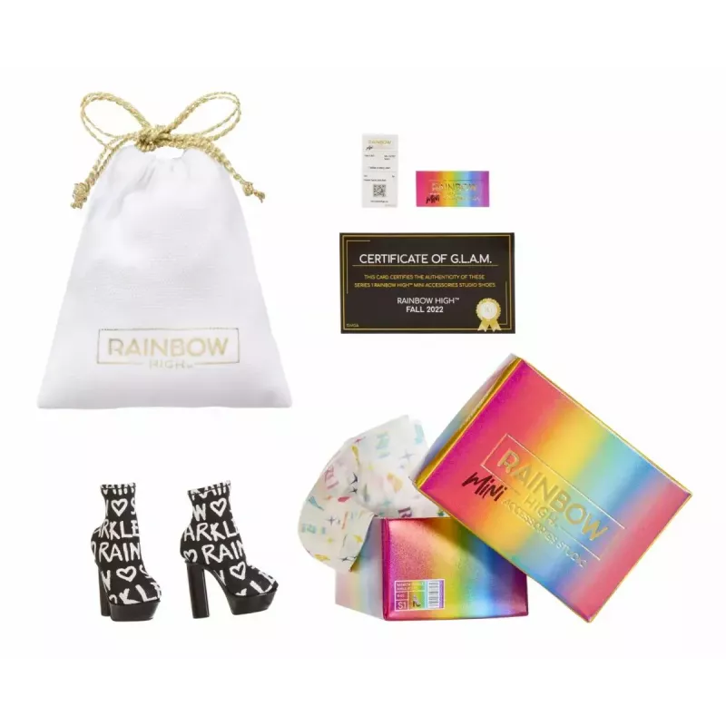 Demonstracinė pakuotė Mga Accessories Rainbow High bateliai, 27 vnt. — įvairūs lėlių batų aksesuarai