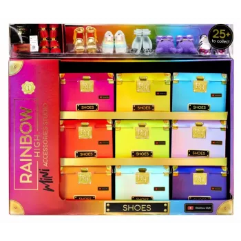 Demonstracinė pakuotė Mga Accessories Rainbow High bateliai, 27 vnt. — įvairūs lėlių batų aksesuarai