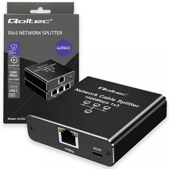 Ethernet skirstytuvas QOLTEC 52294 1x3 RJ45 su USB-C maitinimo įvestimi