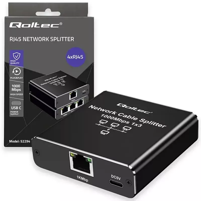 Ethernet skirstytuvas QOLTEC 52294 1x3 RJ45 su USB-C maitinimo įvestimi