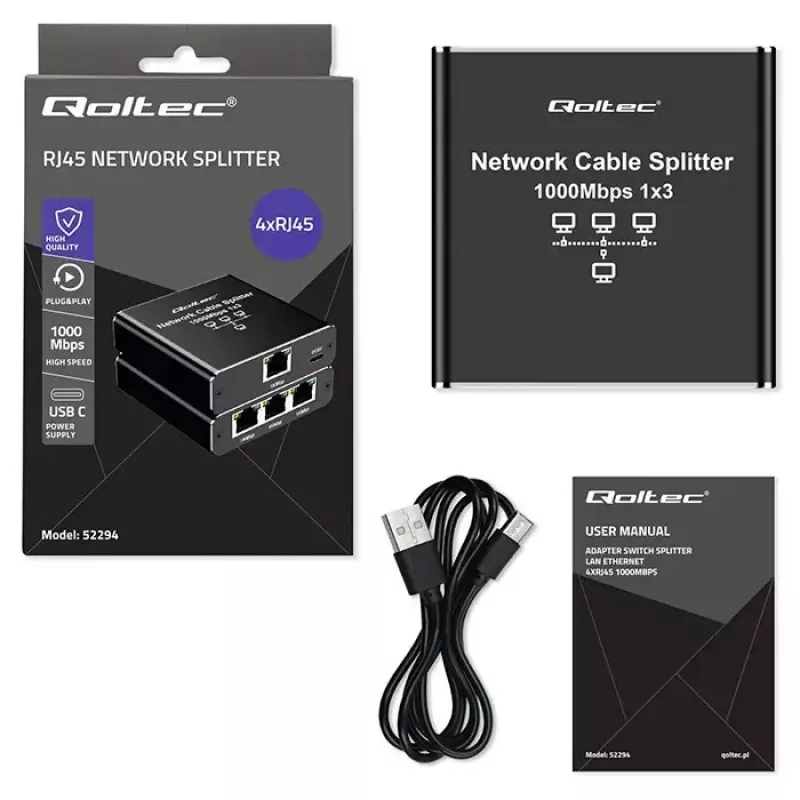 Ethernet skirstytuvas QOLTEC 52294 1x3 RJ45 su USB-C maitinimo įvestimi