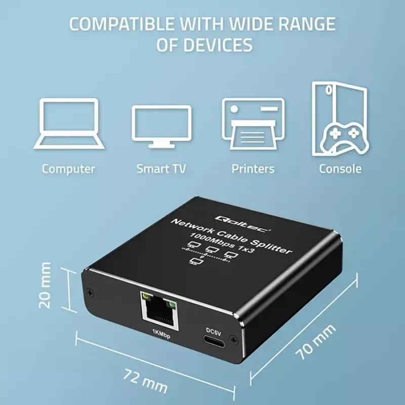 Ethernet skirstytuvas QOLTEC 52294 1x3 RJ45 su USB-C maitinimo įvestimi