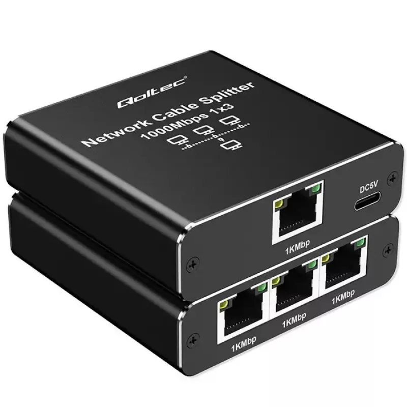 Ethernet skirstytuvas QOLTEC 52294 1x3 RJ45 su USB-C maitinimo įvestimi