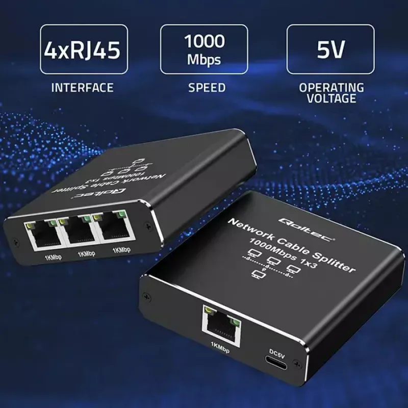 Ethernet skirstytuvas QOLTEC 52294 1x3 RJ45 su USB-C maitinimo įvestimi