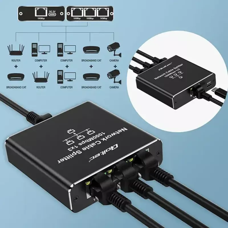Ethernet skirstytuvas QOLTEC 52294 1x3 RJ45 su USB-C maitinimo įvestimi