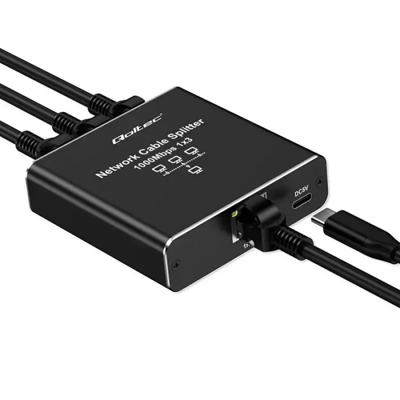 Ethernet skirstytuvas QOLTEC 52294 1x3 RJ45 su USB-C maitinimo įvestimi