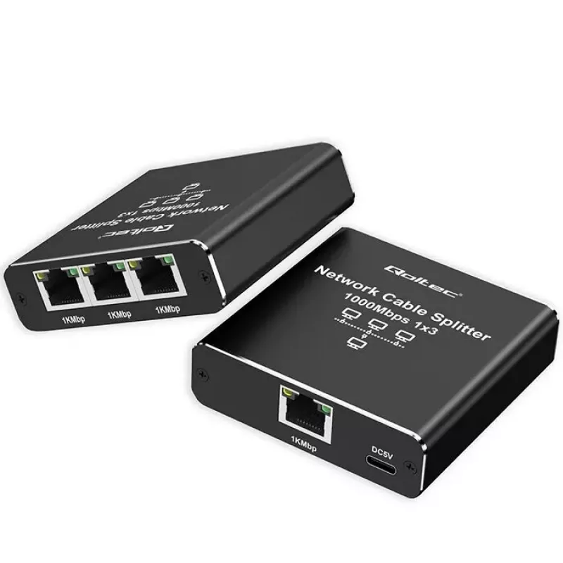 Ethernet skirstytuvas QOLTEC 52294 1x3 RJ45 su USB-C maitinimo įvestimi
