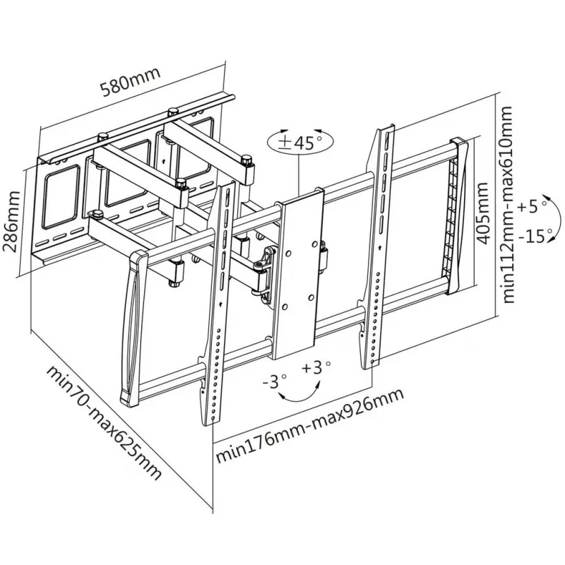 Manhattan sieninis laikiklis televizoriams ir monitoriams (visiškai judinamas), ekranams nuo 37 col. iki 100 col., VESA suderinamumas: visi tarp 200x200 mm ir 900x600 mm – patikrinkite keturių tvirtinimo angų matmenis ekrano gale, kad įsitikintumėte, jog tinka, maks. 80 kg, juodas, laikiklis, garantija visam eksploatavimo laikui