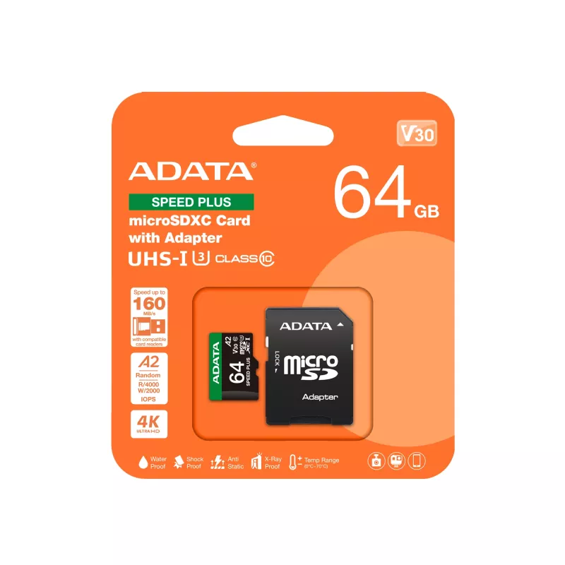 MicroSDXC kortelė ADATA Speed Plus 64GB UHS 3 klasė Modelis UD64GUI3V30A2SP-RA1