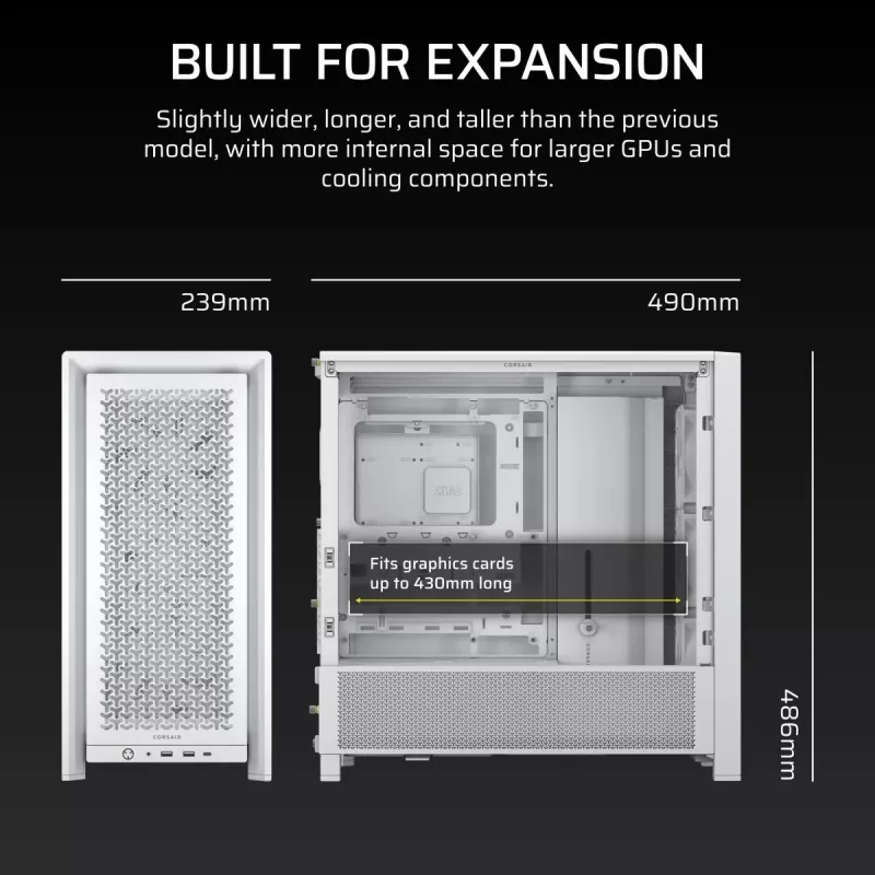 PC korpusas CORSAIR FRAME 4000D RS Midi Tower White — ATX, grūdintas stiklas, 3x120 mm priekiniai ventiliatoriai, palaiko 360/240/140 mm radiatorius