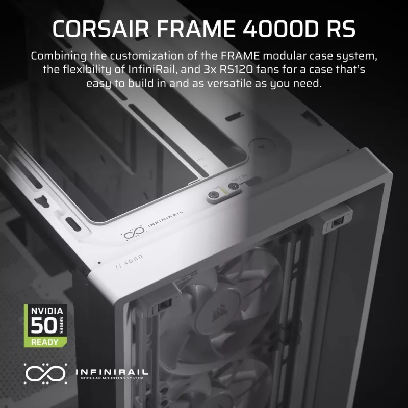 PC korpusas CORSAIR FRAME 4000D RS Midi Tower White — ATX, grūdintas stiklas, 3x120 mm priekiniai ventiliatoriai, palaiko 360/240/140 mm radiatorius