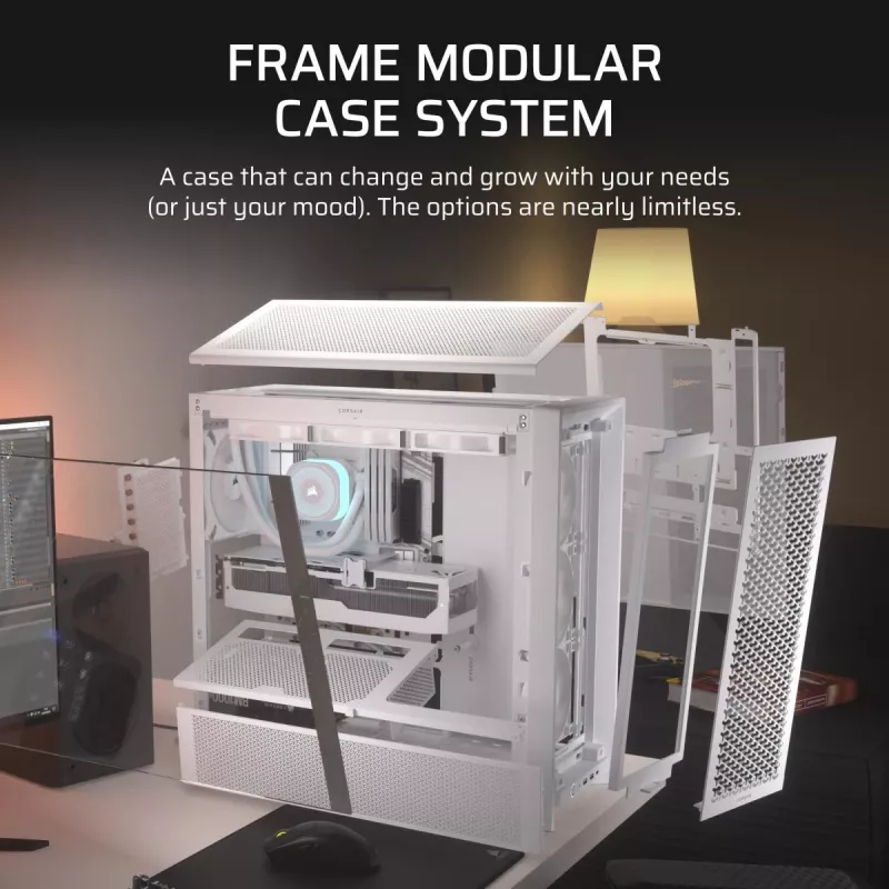 PC korpusas CORSAIR FRAME 4000D RS Midi Tower White — ATX, grūdintas stiklas, 3x120 mm priekiniai ventiliatoriai, palaiko 360/240/140 mm radiatorius