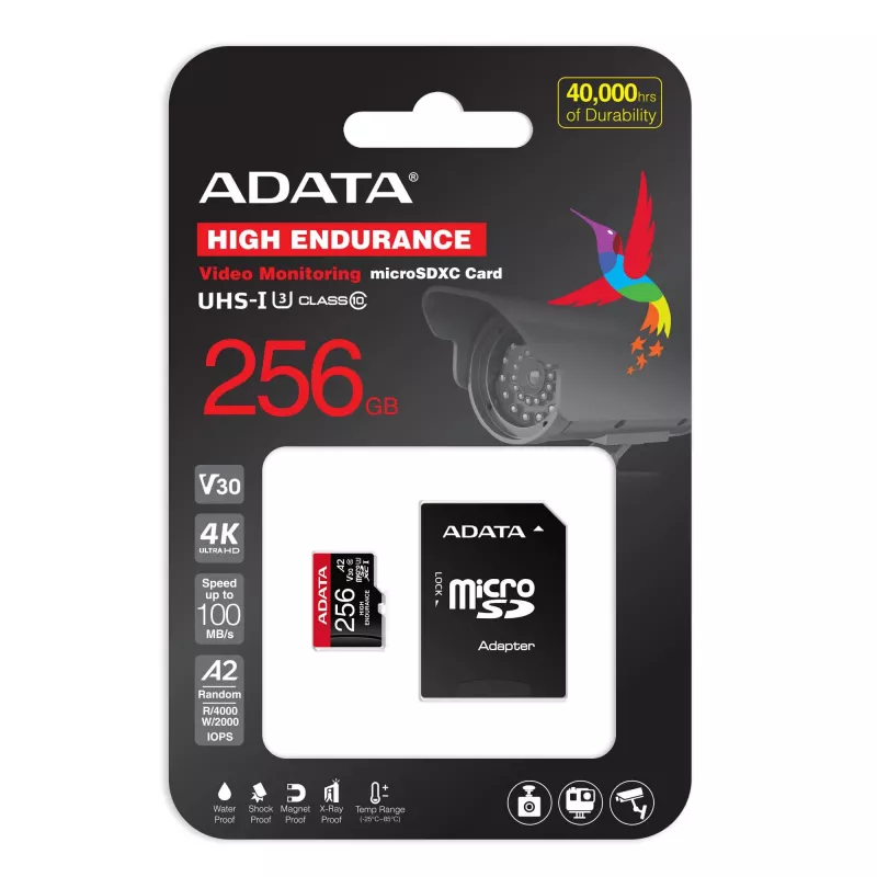 „MicroSDXC“ atminties kortelė ADATA 256 GB AUSDX256GUI3V30SHA2-RA1 UHS-I Class 10 V30 (skaitymo 100 MB/s, rašymo 80 MB/s) su SD adapteriu