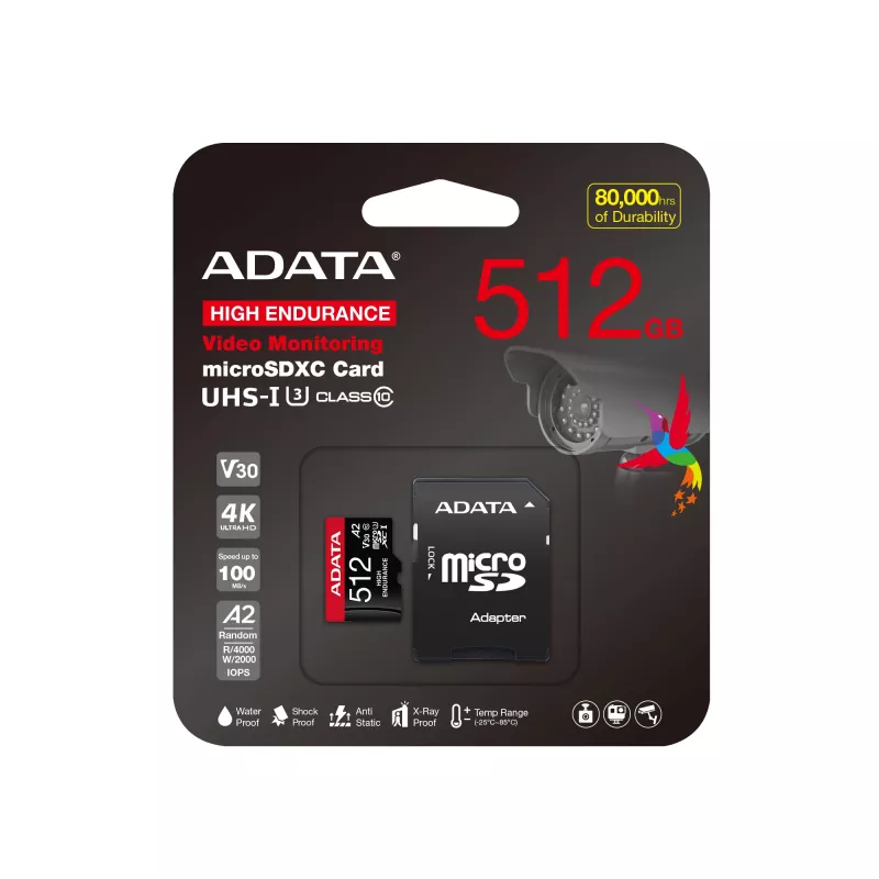 MicroSDXC atminties kortelė ADATA 512 GB UHS‑I U3 V30 Class 10 A2, 100/85 MB/s, atspari vandeniui