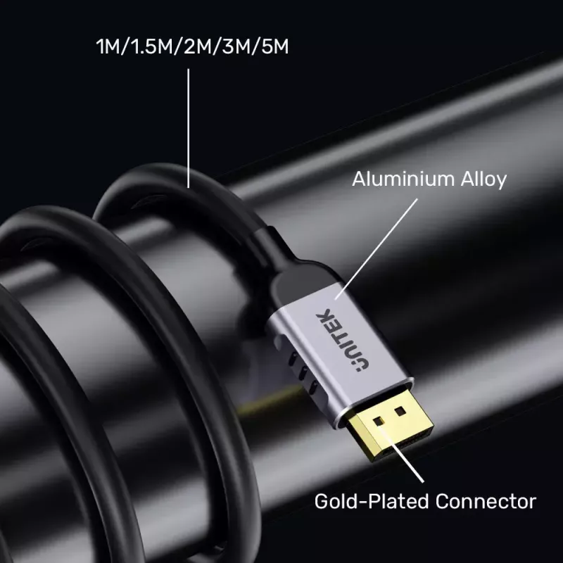 DisplayPort kabelis Unitek C1628GY01-2M — 2 m, DisplayPort 2.1, 7680×4320 @ iki 240 Hz, 32,4 kanalai, alavuotas varis