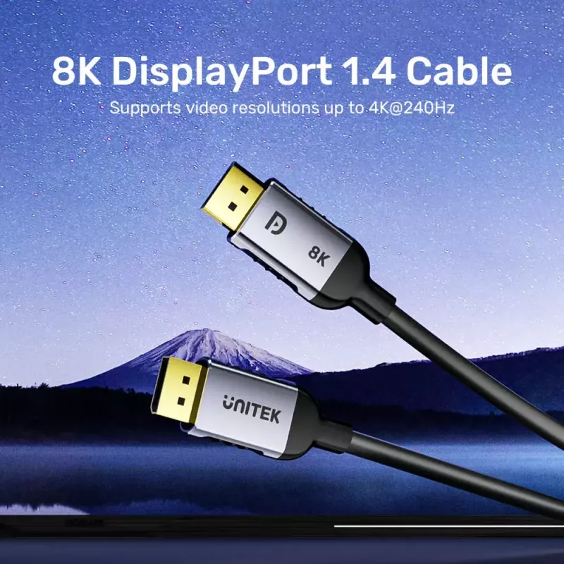 DisplayPort kabelis Unitek C1628GY01-2M — 2 m, DisplayPort 2.1, 7680×4320 @ iki 240 Hz, 32,4 kanalai, alavuotas varis