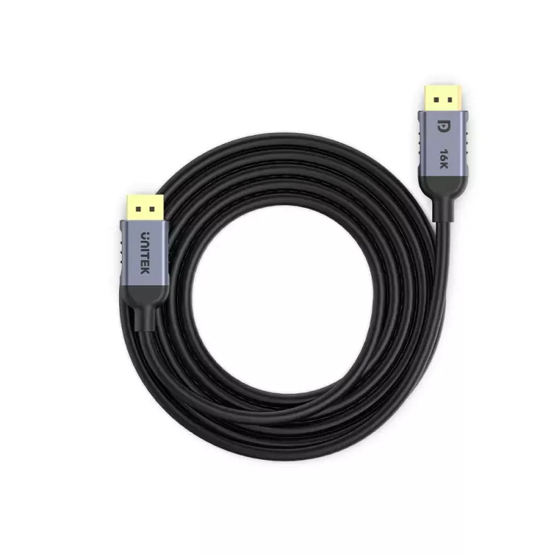 DisplayPort kabelis Unitek C1628GY01-2M — 2 m, DisplayPort 2.1, 7680×4320 @ iki 240 Hz, 32,4 kanalai, alavuotas varis