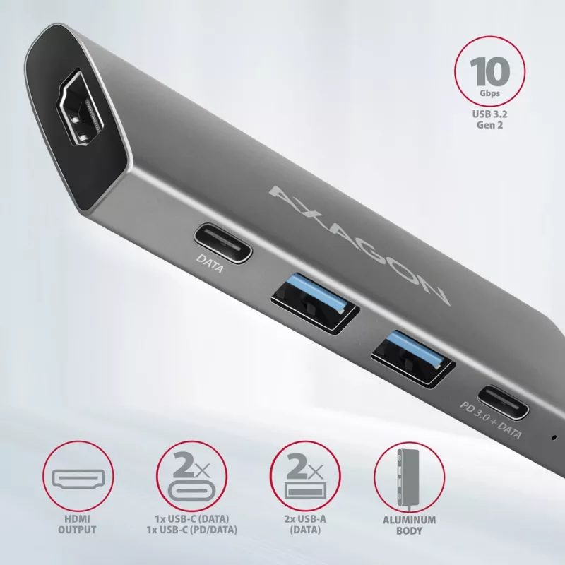 Axagon HMC-5G21 USB 10Gbps šakotuvas, 2x USB-A, 2x USB-C, HDMI 4k/30Hz, PD 60W, USB-C laidas