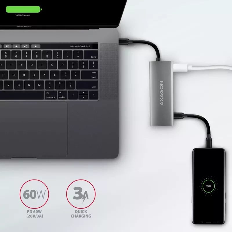Axagon HMC-5G21 USB 10Gbps šakotuvas, 2x USB-A, 2x USB-C, HDMI 4k/30Hz, PD 60W, USB-C laidas