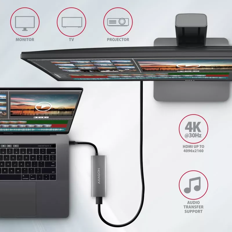 Axagon HMC-5G21 USB 10Gbps šakotuvas, 2x USB-A, 2x USB-C, HDMI 4k/30Hz, PD 60W, USB-C laidas