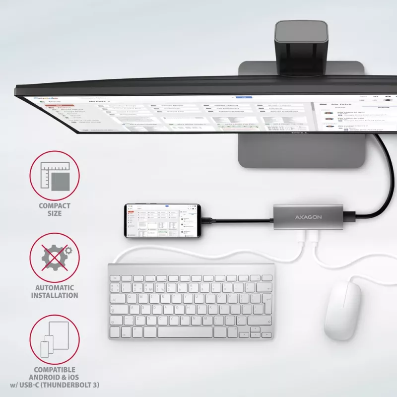 Axagon HMC-5G21 USB 10Gbps šakotuvas, 2x USB-A, 2x USB-C, HDMI 4k/30Hz, PD 60W, USB-C laidas