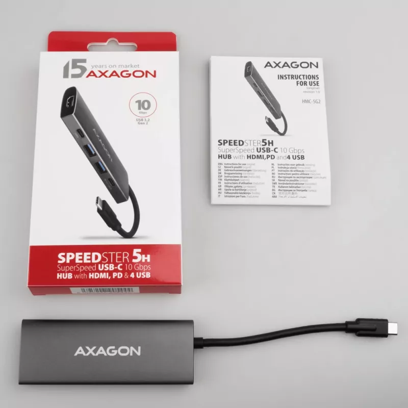 Axagon HMC-5G21 USB 10Gbps šakotuvas, 2x USB-A, 2x USB-C, HDMI 4k/30Hz, PD 60W, USB-C laidas